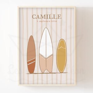 Affiche Enfant Planches de Surf Vintage Personnalisée – Prénom & Date de Naissance