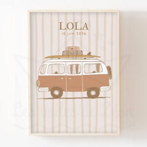 Affiche Enfant Combi VW Vintage Personnalisée – Prénom & Date de Naissance