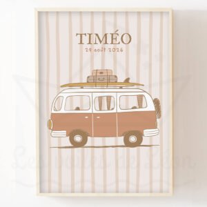 Affiche Enfant Combi VW Vintage Personnalisée – Prénom & Date de Naissance