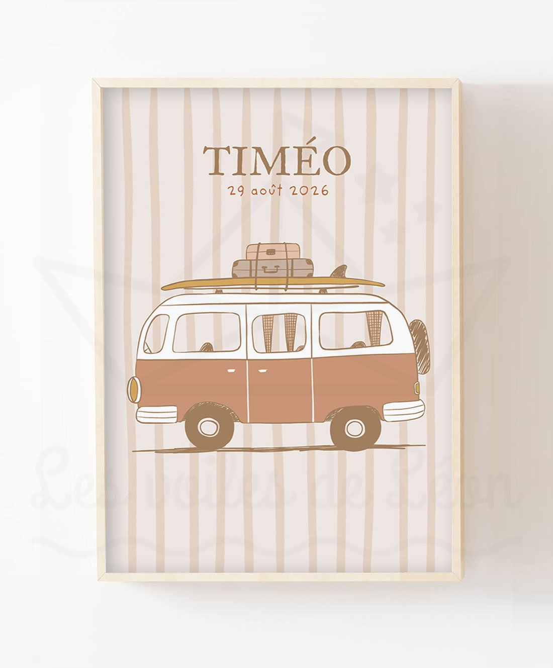 Affiche combi van vintage personnalisée aux tons terracotta