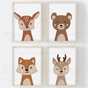 Décoration Murale Enfant – Lot de 4 Affiches Animaux de la Forêt (Ours, Biche, Renard, Cerf)
