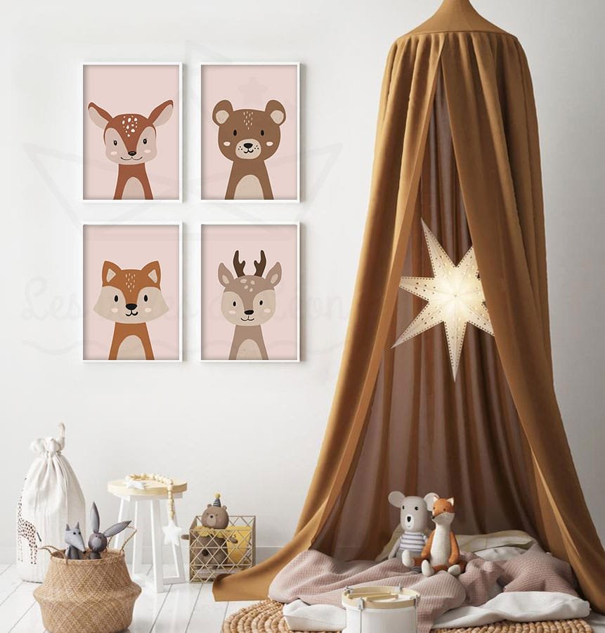 Tableau poster animaux de la foret bebe moderne affiches fond rose fille