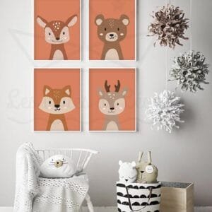 Décoration Murale Enfant – Lot de 4 Affiches Animaux de la Forêt (Ours, Biche, Renard, Cerf)