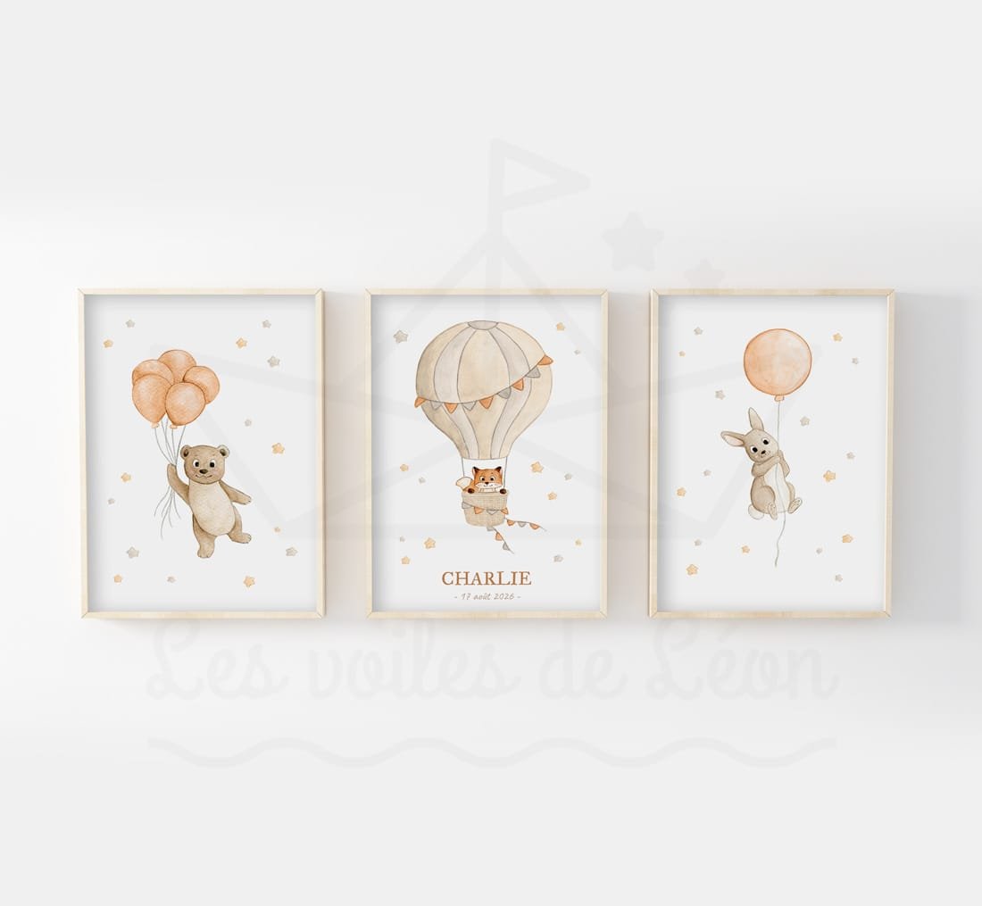 Animaux dans les étoiles - Ours Renard Lapin - Lot 3 Aquarelles personnalisées