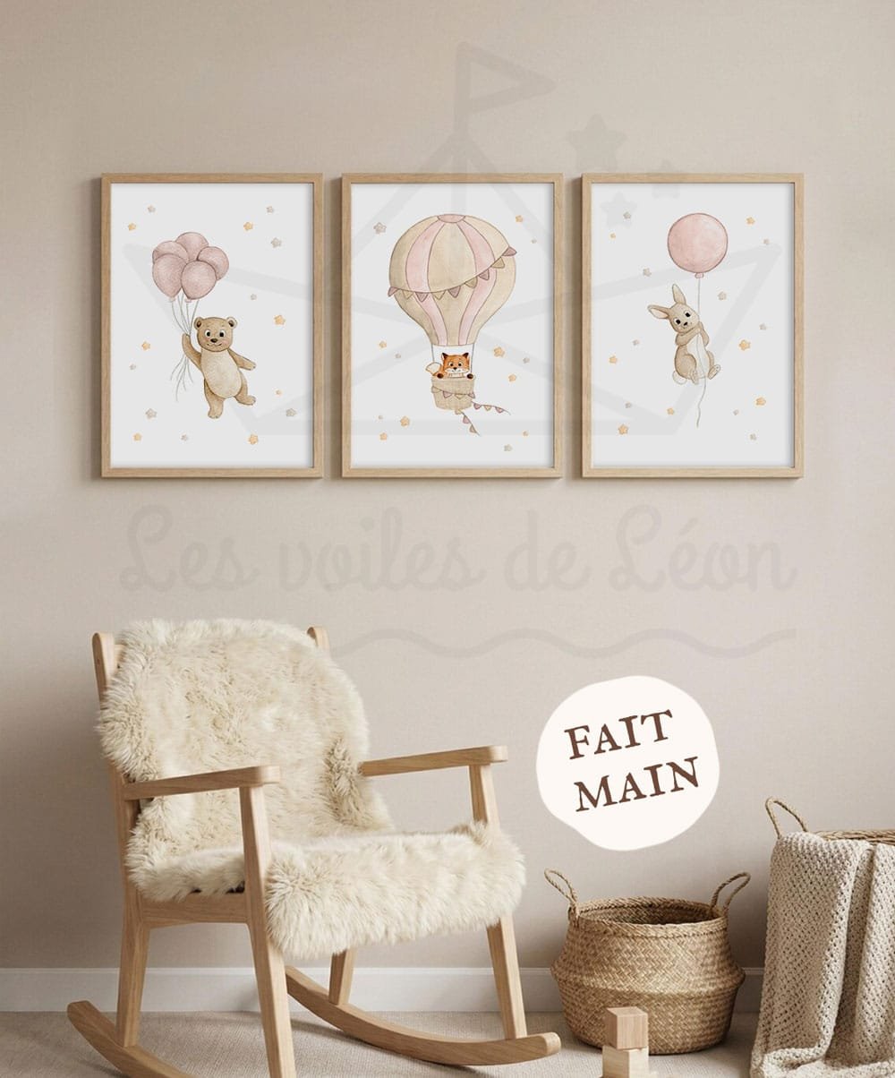 cadres ciel étoiles ours renard lapin rose poudré déco murale bébé personnalisée