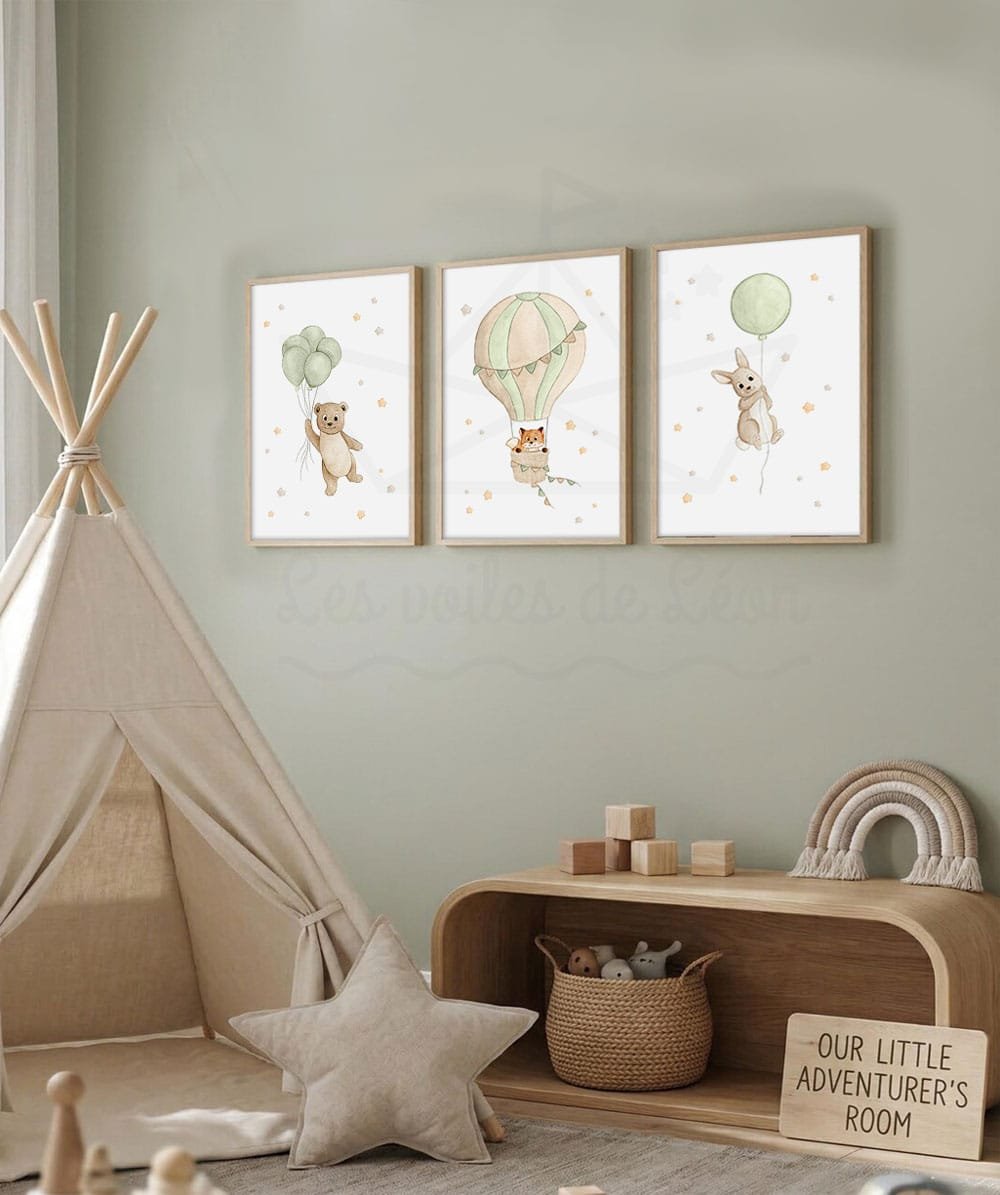 cadres ciel étoiles ours renard lapin vert olive déco chambre animaux forêt