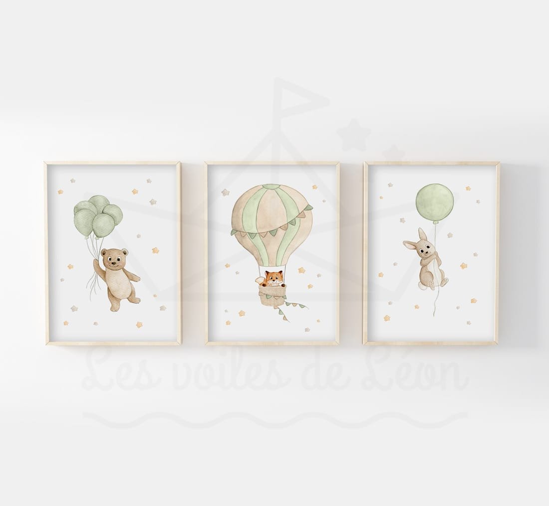 cadres ciel étoiles ours renard lapin vert olive déco chambre bébé animaux forêt