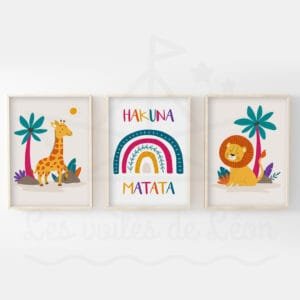 Jungle Hakuna Matata – Girafe Arc-en-ciel Lion – Trio Affiches prénom