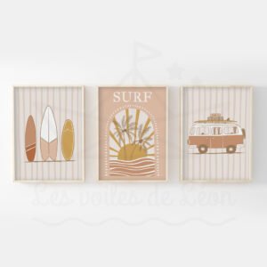 Trio d’Affiches Personnalisées Surf & Van Life – Soleil Couchant & Palmiers