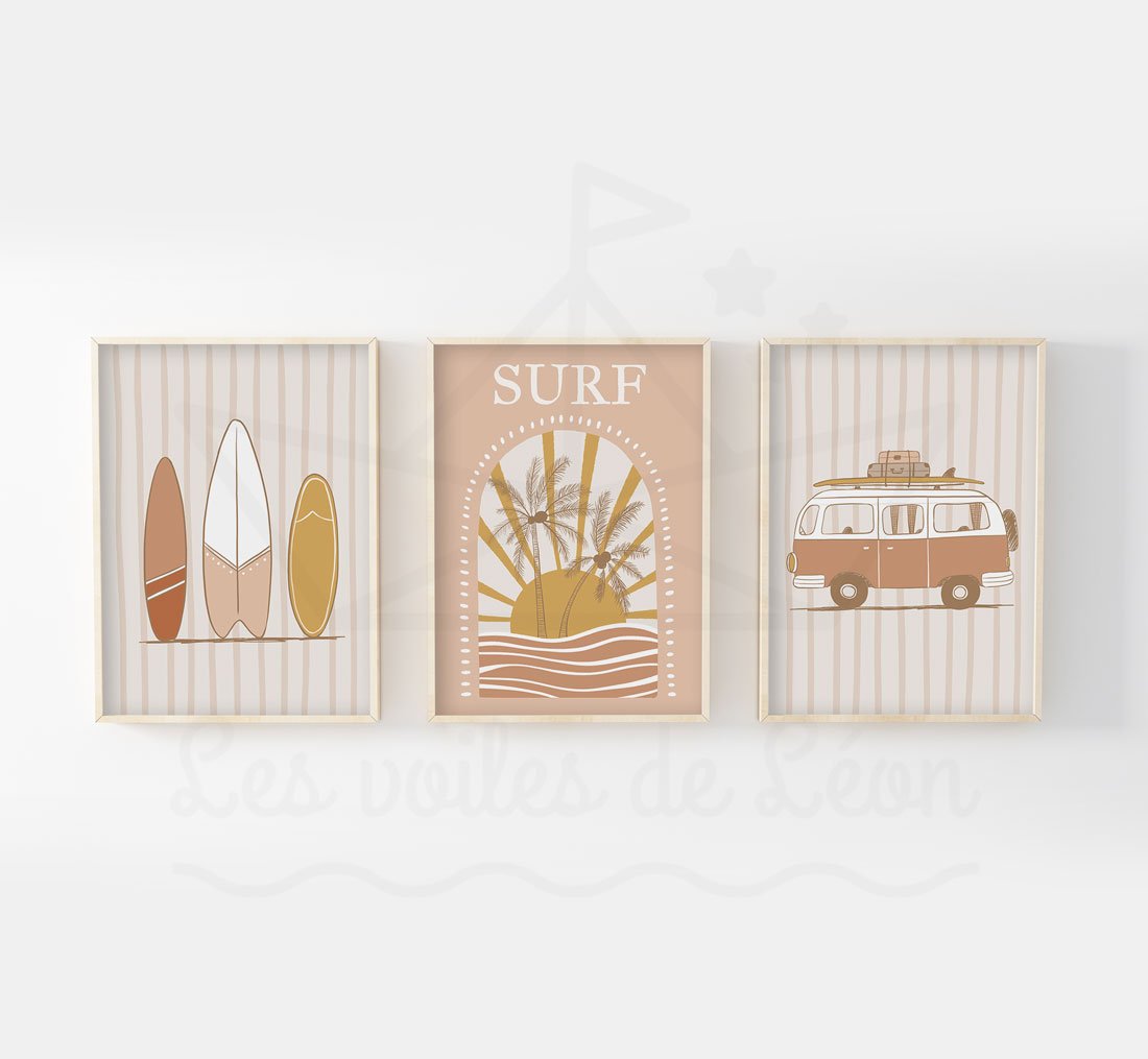 Affiche van life surf trio personnalise prenom soleil palmiers papier mat