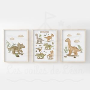 Lot de 3 Affiches Dinosaures Éducatives – Poster Chambre Bébé Garçon