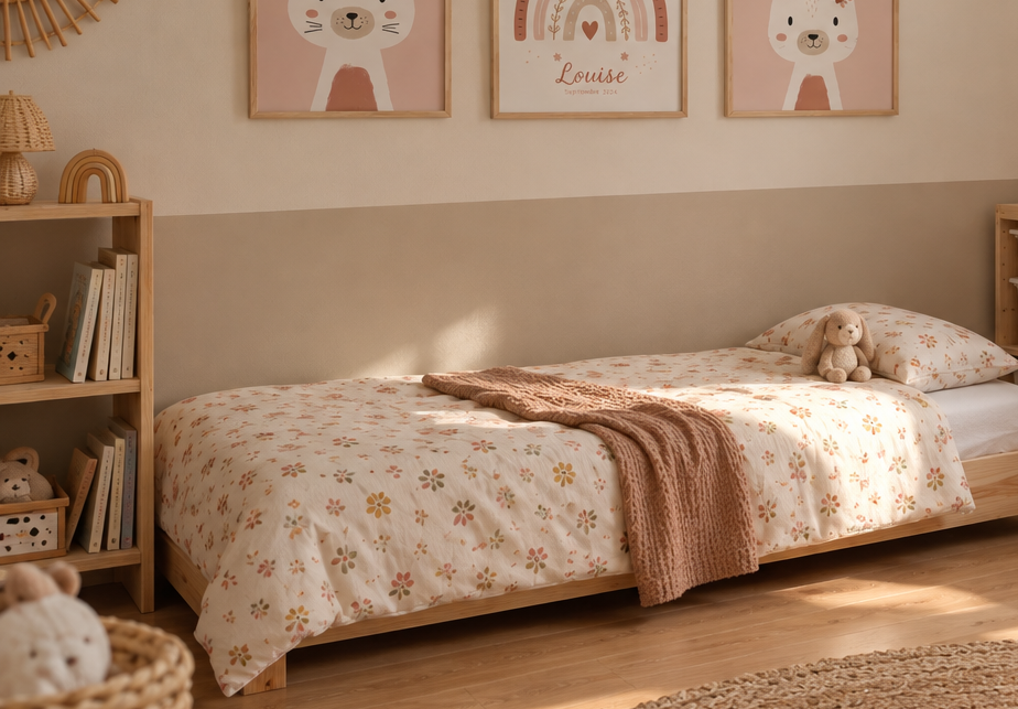 Chambre d'enfant Montessori lumineuse avec lit au sol et illustrations douces