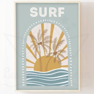 Affiche Chambre Garçon Surf Soleil & Palmiers – Déco Personnalisée Prénom Bleu Vert