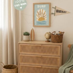 Affiche Chambre Garçon Surf Soleil & Palmiers – Déco Personnalisée Prénom Bleu Vert