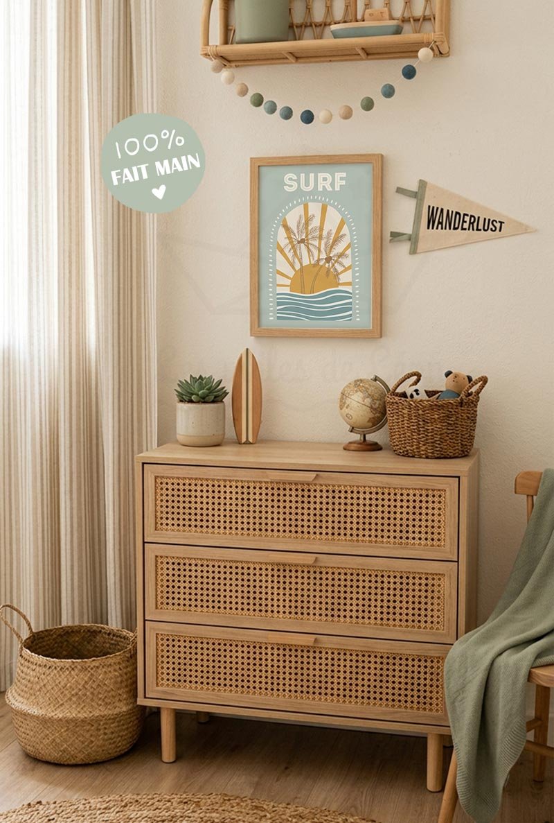 cadre arche soleil palmiers bleu déco fait main chambre garçon