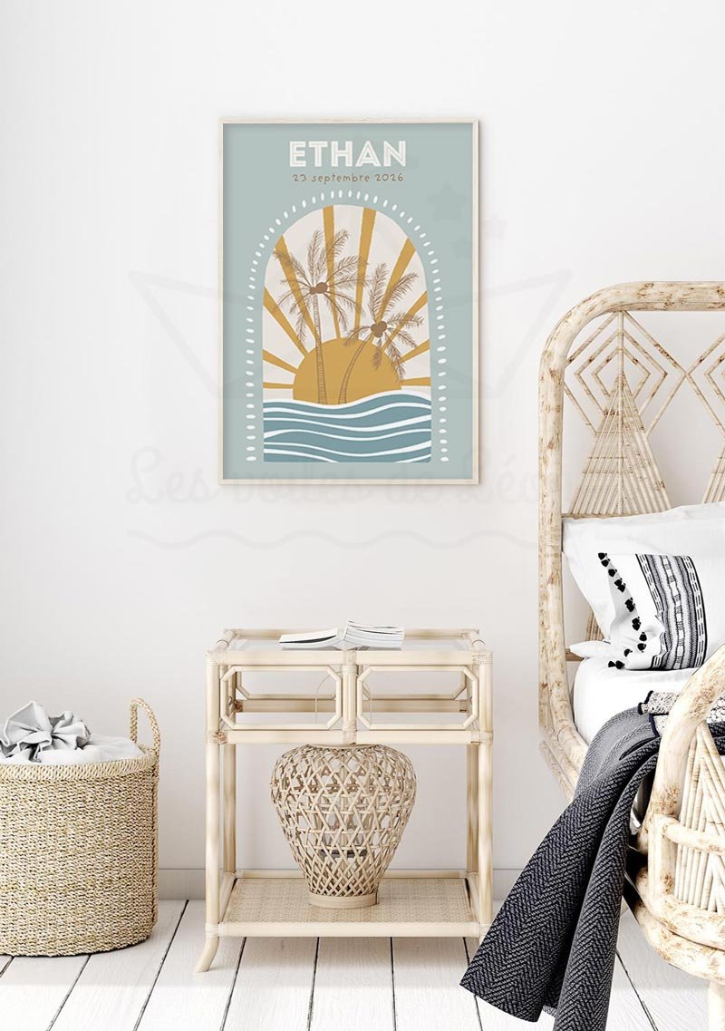 cadre arche soleil palmiers bleu déco personnalisée prénom date naissance bébé