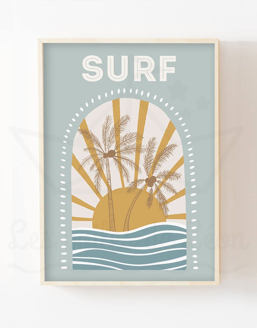 Affiche Chambre Garçon Surf Soleil & Palmiers – Déco Personnalisée Prénom Bleu Vert