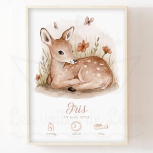 Affiche Naissance Personnalisée Faon – Aquarelle individuelle Florale