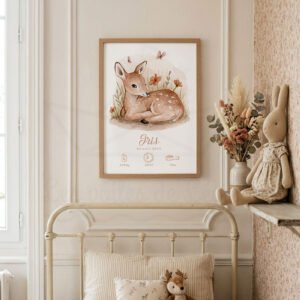Affiche Naissance Personnalisée Faon – Aquarelle individuelle Florale