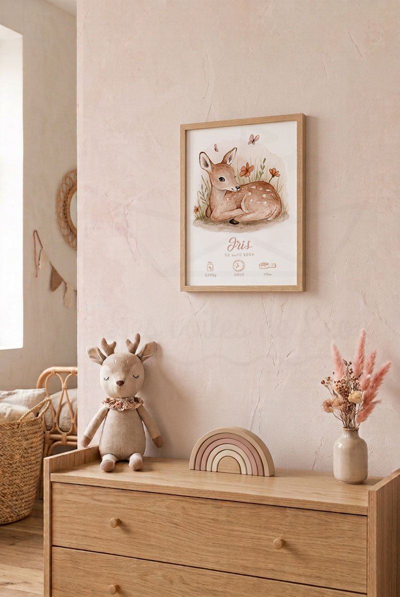 cadre faon naissance rose déco chambre fille prénom biche
