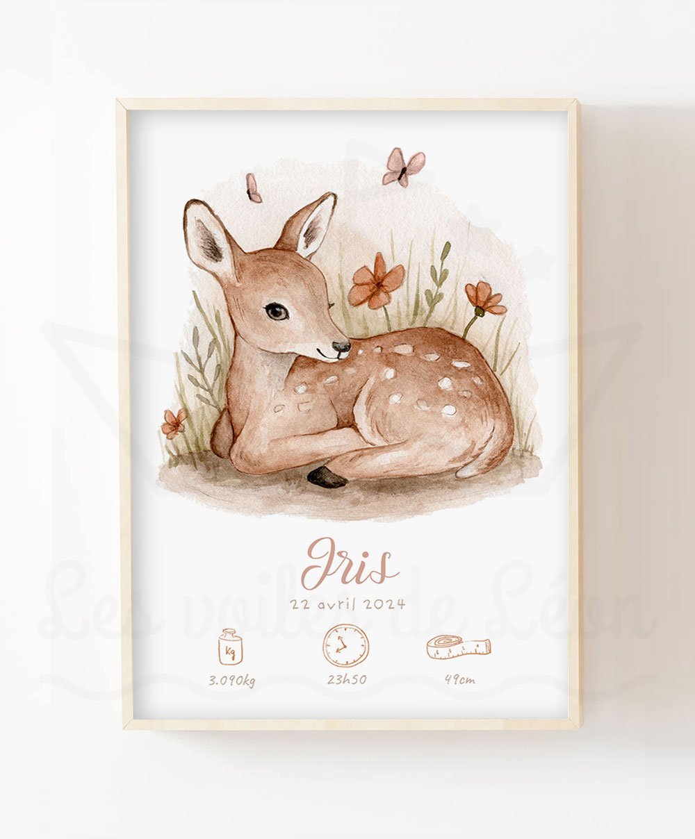 Affiche Naissance Personnalisée Faon - Aquarelle individuelle Florale
