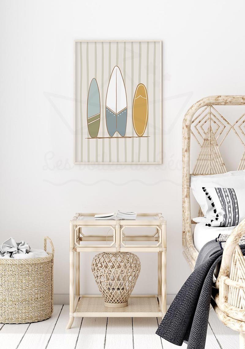 Ambiance deco chambre garcon mer avec affiche planches de surf retro