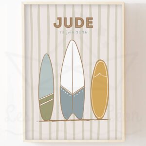 Affiche Garçon Planches de Surf Rétro Personnalisée – Prénom & Date de Naissance