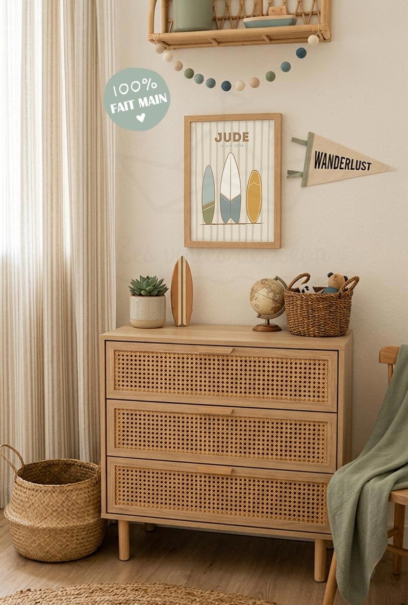 Cadre bois chambre garcon avec affiche planches de surf retro personnalisee prenom