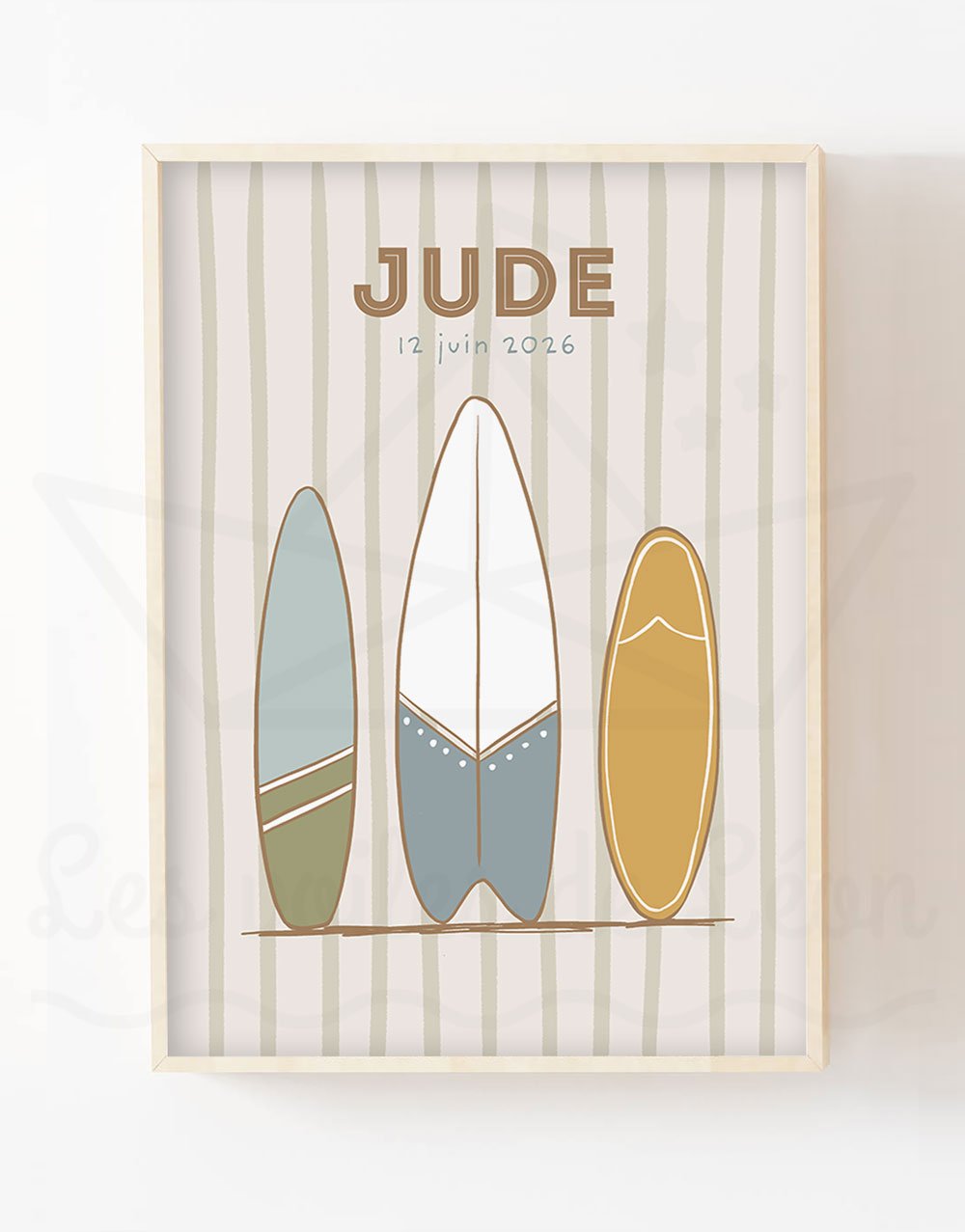 Affiche garcon planches de surf retro personnalisee prenom date naissance