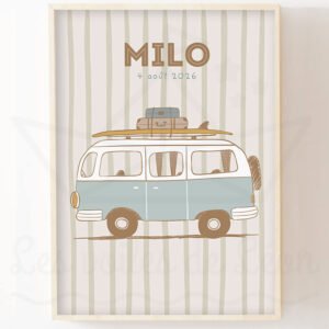Affiche Chambre Garçon Combi Vintage – Déco Murale Van Personnalisé Prénom & Date de Naissance
