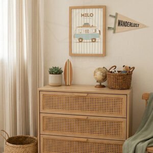 Affiche Chambre Garçon Combi Vintage – Déco Murale Van Personnalisé Prénom & Date de Naissance