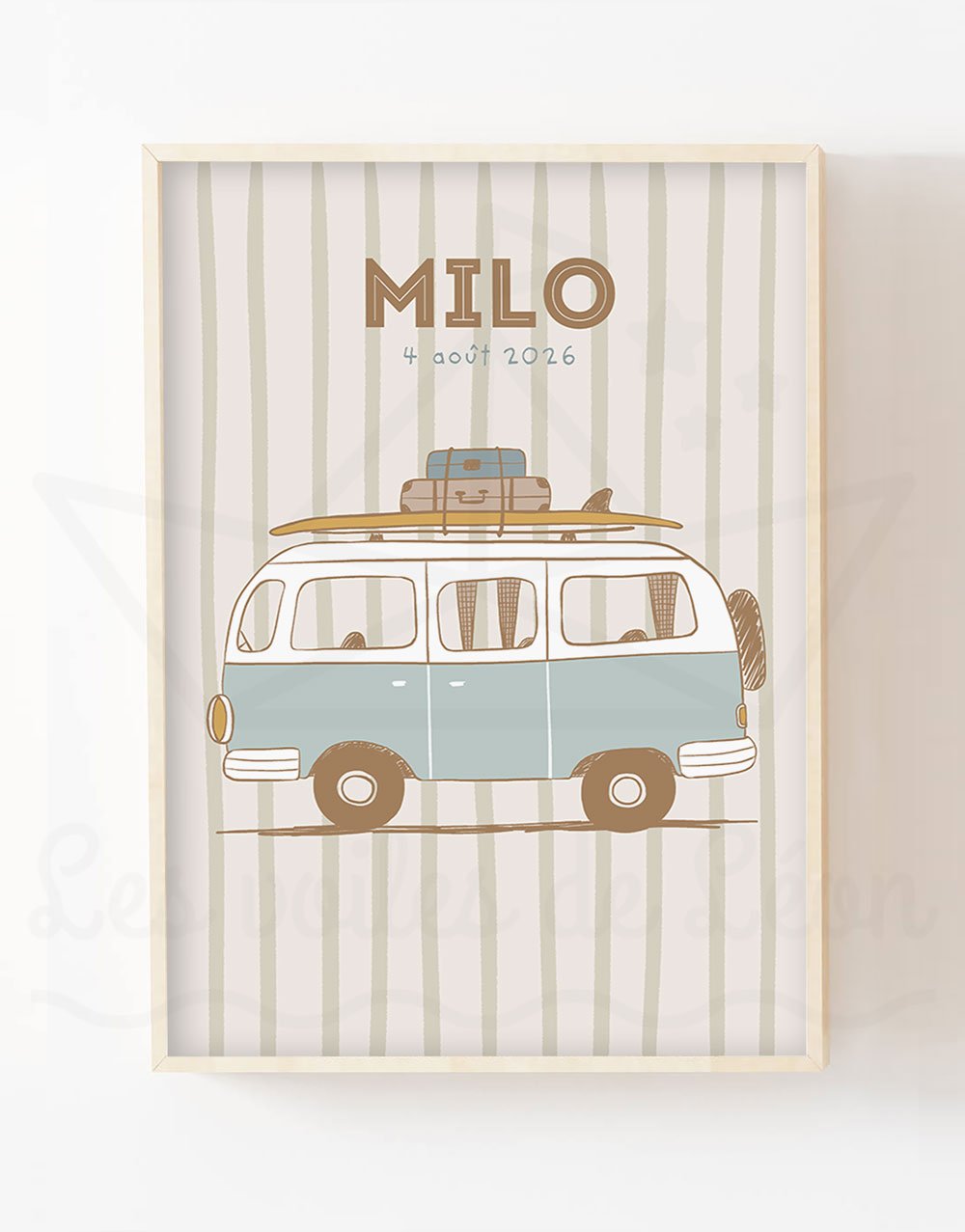 Affiche Chambre Garçon Combi Vintage – Déco Murale Van Personnalisé Prénom & Date de Naissance