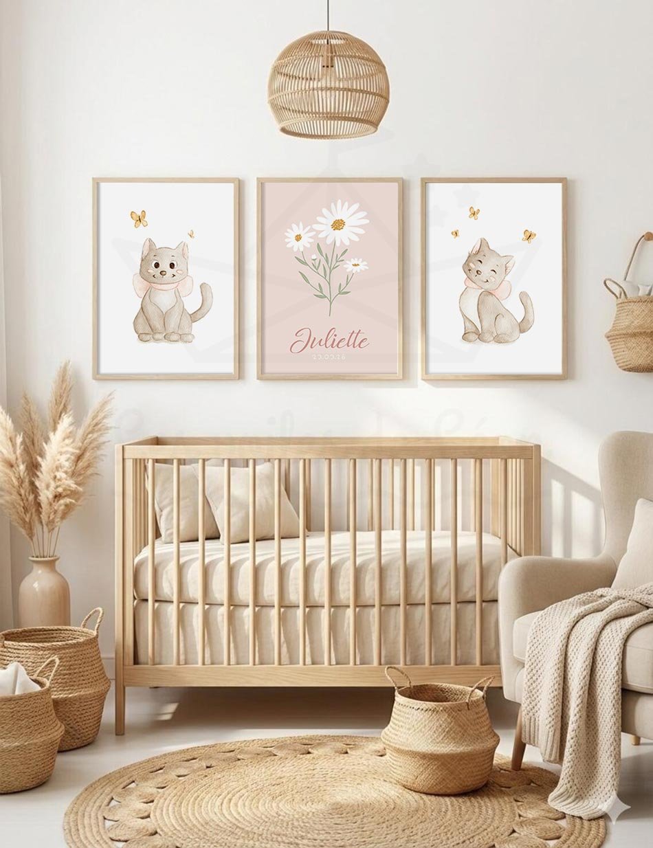 cadres chats margherite jaune affiches prénom bébé fille