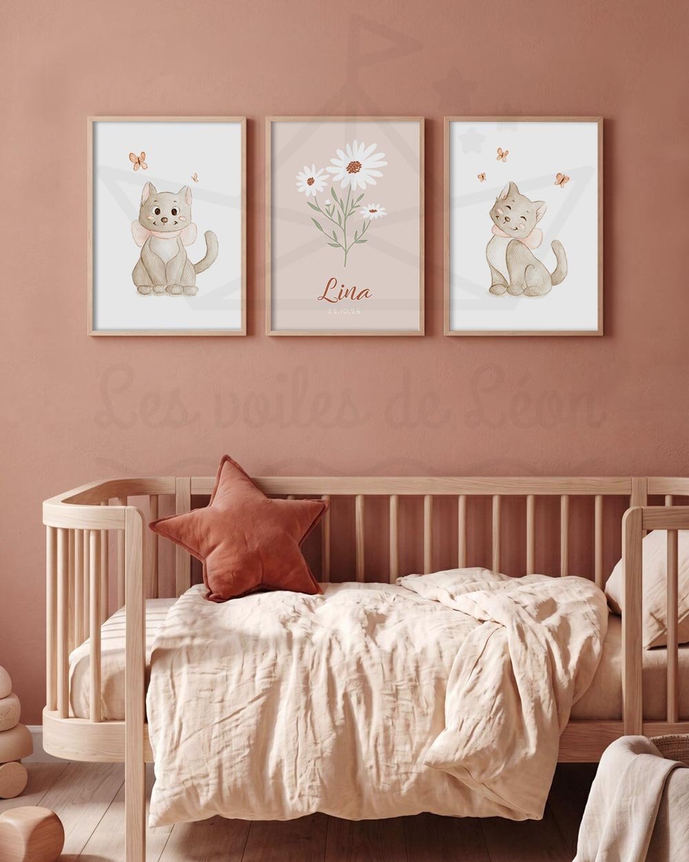 cadres chats margherite terracotta prénom date déco chambre fille fleurs