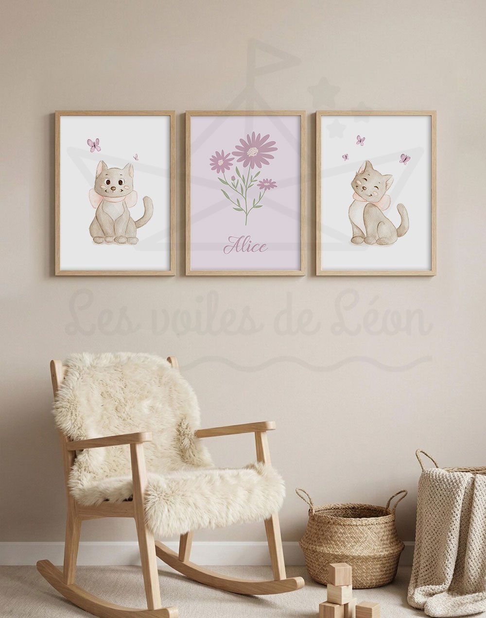 cadres chats margherite violet prénom date déco murale personnalisée