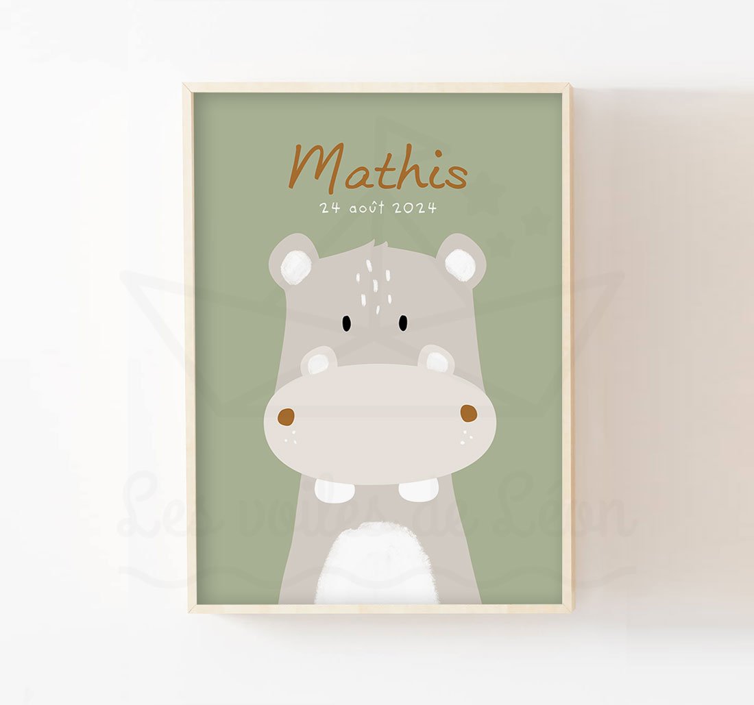 Affiche Hippopotame Personnalisée Prénom | Poster Animal Savane Bébé | Décoration Murale Chambre Enfant Safari | Cadeau Naissance Fille Garçon