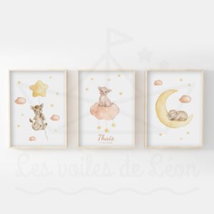Animaux de la ferme dans les étoiles – Vache Cochon Mouton – Lot 3 Aquarelles personnalisées