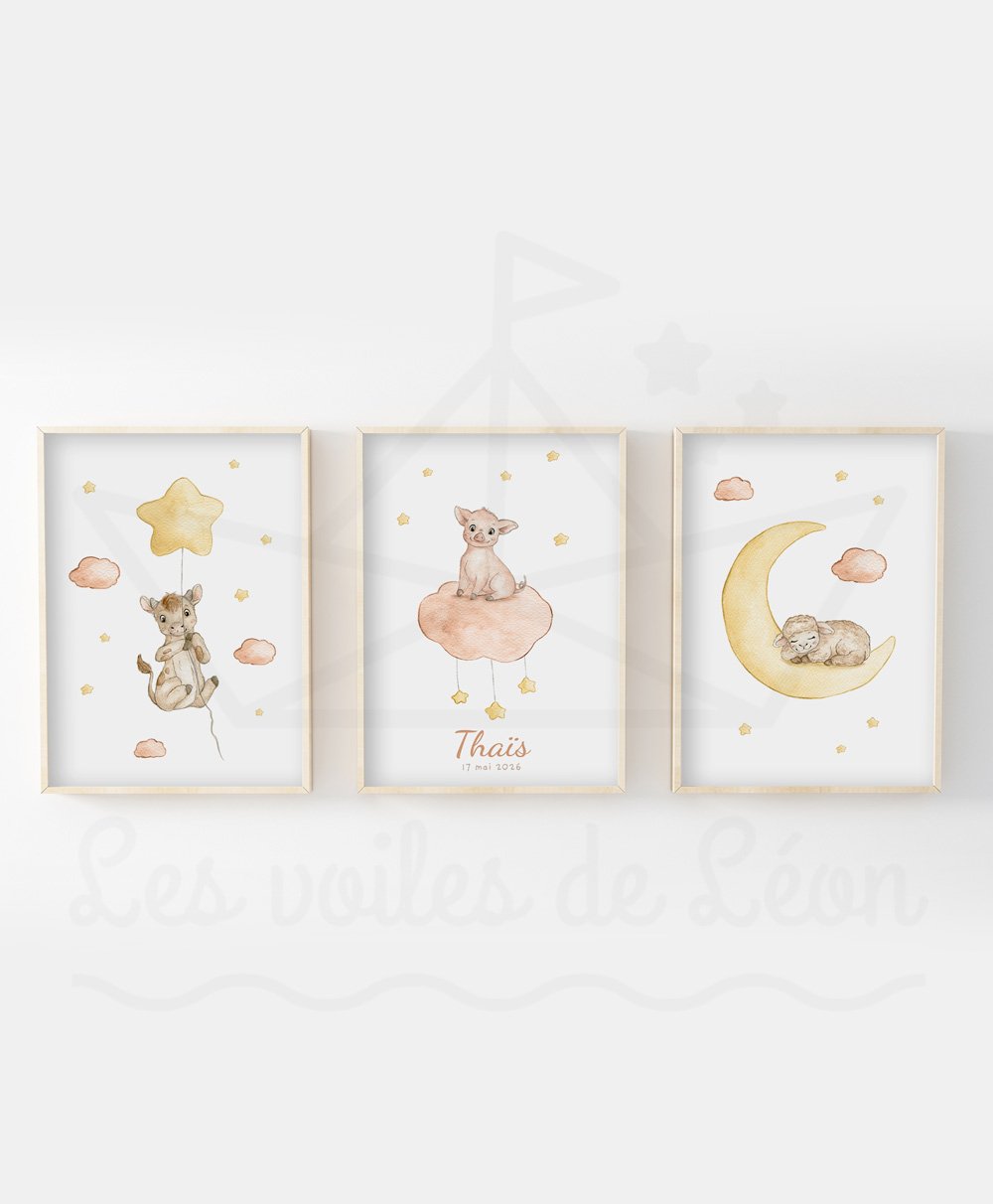 Animaux de la ferme dans les étoiles - Vache Cochon Mouton - Lot 3 Aquarelles personnalisées
