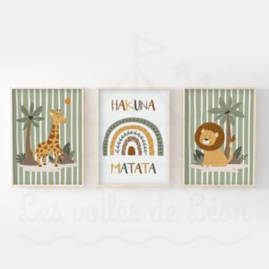 Affiche HAKUNA MATATA Rétro – Lion Arc en ciel Girafe – Lot 3 Affiches Jungle vintage