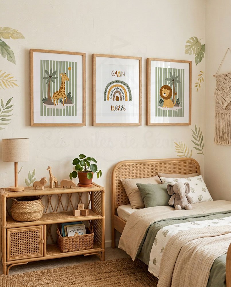 cadres hakuna matata rayures vertes prénom personnalisé déco chambre bébé jungle rétro