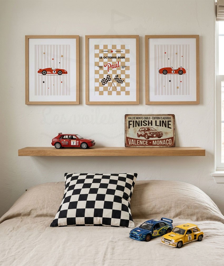 cadres trio little racer ocre déco personnalisée prénom
