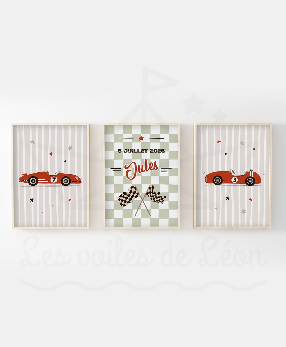 cadres trio little racer vert déco personnalisée prénom et date de naissance